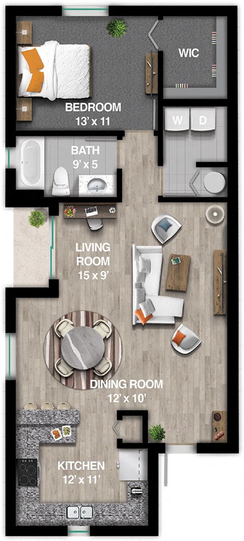 Floor plan for 1 bed, 1 bath, 898 sqft